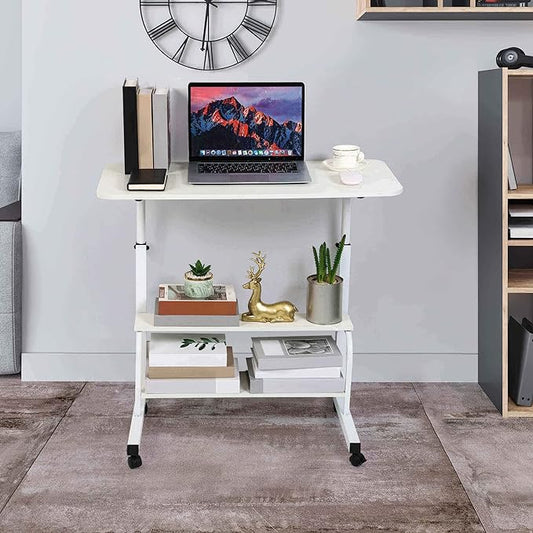 Adjustable White Home Office Desk with Storage and Detachable Wheels - 15.7 x 31.5 Inch