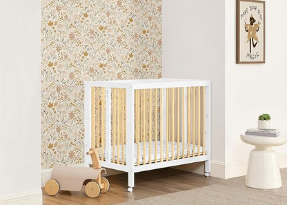 Delta Children Mia Portable Folding Mini Crib with 1.5-Inch Mattress - Greenguard Gold Certified, Bianca White/Natural
