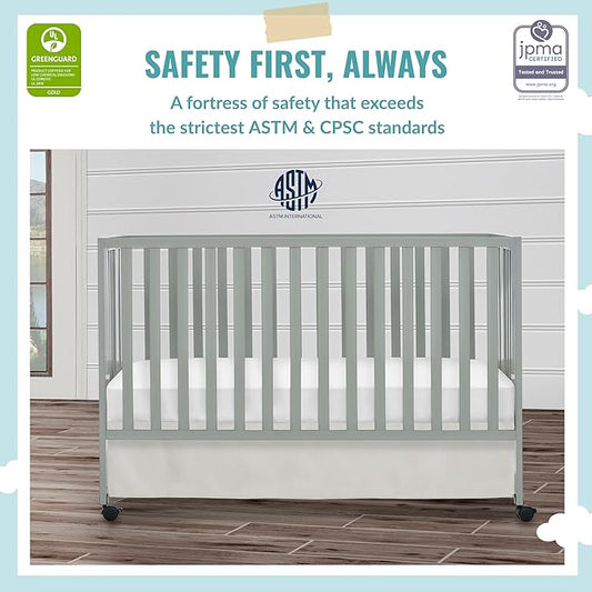 Quinn Full-Size Folding Crib in Cool Grey, Removeable Wheels, Modern Nursey, Adjustable Mattress Support, Portable Crib, Patented Folding System