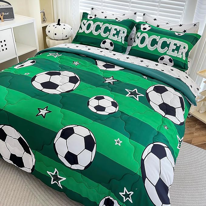 7 Piece Boys Soccer Comforter Set Twin Size Bed in A Bag 3D Football Playground Sports Bedding Set for Kids Microfiber Comforter All Season Green
