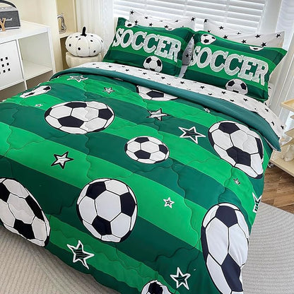 7 Piece Boys Soccer Comforter Set Queen Size Bed in A Bag 3D Football Playground Sports Bedding Set for Kids Microfiber Comforter All Season Green