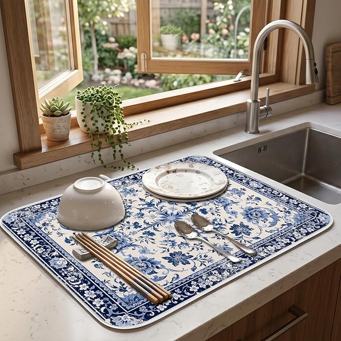 Chinoiserie Dish Drying Mat for Kitchen Coffee Bar 18x24 in Home Decor | Chinese Aesthetic Non Slip Absorbent Kitchen Dishes Drainer Mat, with Anti-slip Rubber Backing & Hanging Loop, for Sink