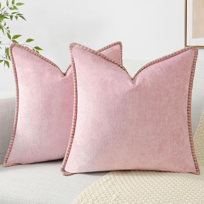 decorUhome Chenille Soft Throw Pillow Covers 24x24 Set of 2, Farmhouse Velvet Neutral Decorative Euro Pillow Covers with Stitched Edge for Couch Sofa Bed Home Decor, Blush Pink
