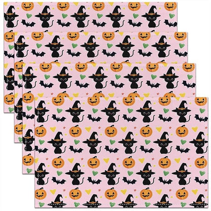 Feelyou Happy Halloween Placemats Set of 4 Cute Ghost Cat Table Mats Pink Orange Green Place Mat for Kitchen Dining Table Party Decor Indoor Outdoor 18"x12" Non-Slip Easy to Clean Pumpkin Lantern Bats
