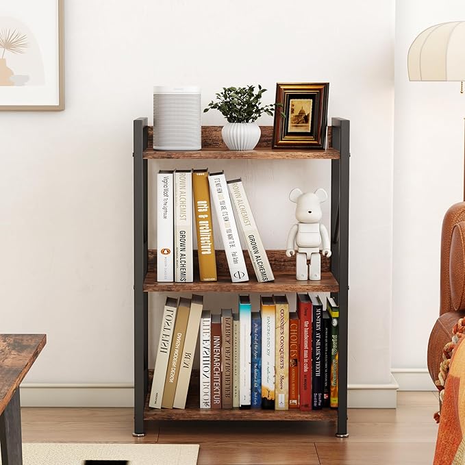 Small Bookshelf for Small Spaces, 3 Tier Bookcase, Narrow Gold Book Shelf, Small Shelf Open Display Rack for Bedroom, Living Room, Home Office,Rustic Brown