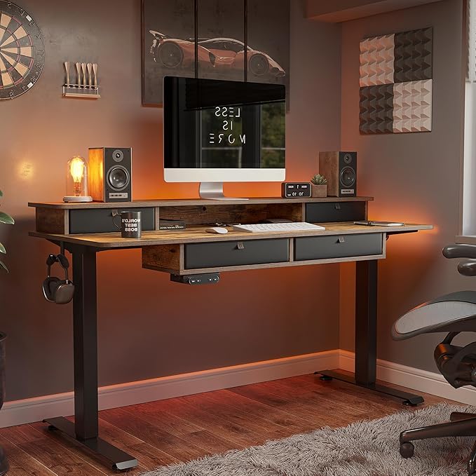 BANTI Height Adjustable Electric Standing Desk with 4 Drawers, 48 x 24 Inch Table with Storage Shelf, Sit Stand Desk, Rustic Brown Top