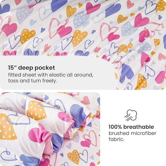 Mooreeke Twin Size Comforter Sets for Girls Kids, 6 Pieces Bed in a Bag Pink Heart Bedding Comforter Sheet Set with Shams and Decorative Toy Pillow, Ultral Soft Microfiber Kids Bed Set