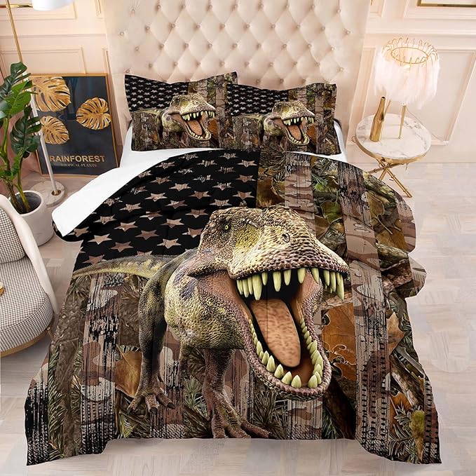 Tailor Shop Dinosaur Boys Comforter Sets Queen Size,Dinosaur Bedding Sets for Kids Teens,Camo Comforter Sets American Flag Comforter Sets with 1 Comforter 2 Pillowcase…