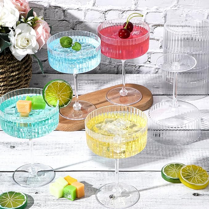 Jingmore 48 Pcs Ribbed Martini Glasses 10 oz Disposable Plastic Vintage Ribbed Coupe Glasses Unbreakable Dessert Parfait Glassware for Wedding Birthday Party Supplies (Clear)