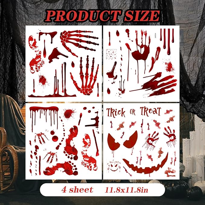 Scary Halloween Decorations Bloody Handprint Footprint Stickers Clings Decals Window Bathroom Floor Restroom，Horror Party Decor Halloween Indoor/Outdoor Decoration