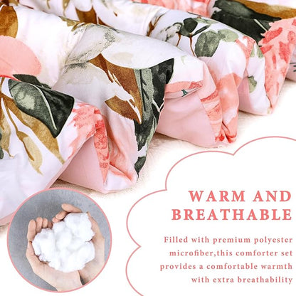 DILIMI Full Size Comforter Set for Girls, Reversible Comforter Full Size, 5 Pieces Ultra Soft Pink Floral Full Size Bed Comforter Sets with Sheet, Comforter, Flat Sheet, 2 Pillowcase