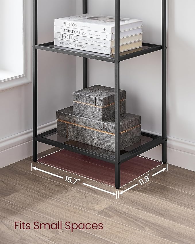 VASAGLE Bookcase, 6-Tier Bookshelf, Slim Shelving Unit for Bedroom, Bathroom, Home Office, Tempered Glass, Steel Frame, Ink Black and Slate Gray ULGT500G01