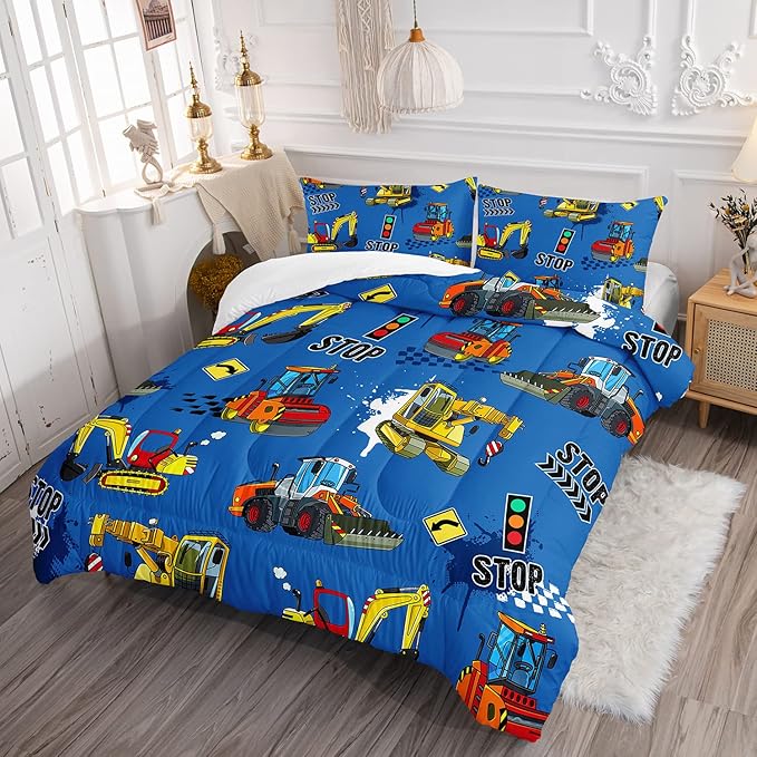Axolotl Blue Excavator Bedding Full,3Pcs Boys Construction Comforter Set,Cartoon Machinery Truck Bedding Set for Boys Kids Children Teens Bedroom Decor Cars Quilt Set with 1 Comforter 2 Pillowcase