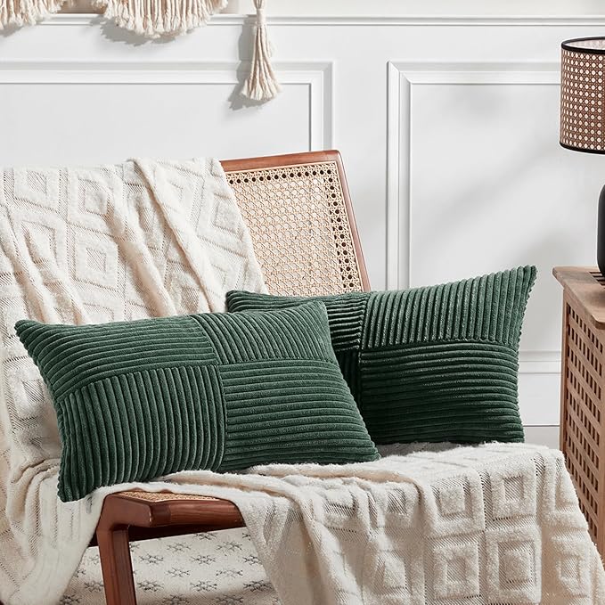 Fancy Homi Set of 2 Dark Green Long Lumbar Decorative Throw Pillow Covers 12x24 Inch for Living Room Couch Bed, Boho Farmhouse Forest Green Home Decor, Soft Corduroy Corss Textured Cushion Cas