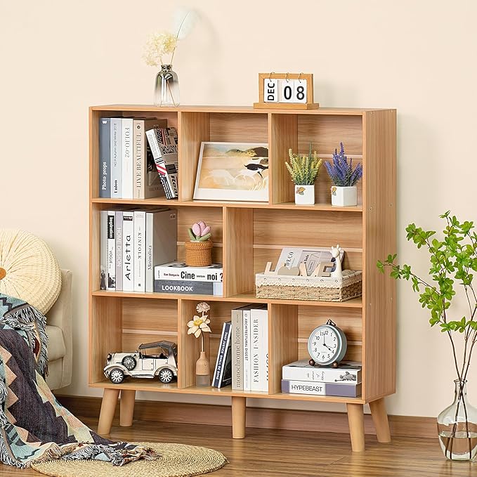 LEYAOYAO Wooden 8 Cube Book Shelf, Natural 3 Tier Bookshelf with Legs, Modern Open Storage Organizer,Boho Bookcase,Display Cabinet Shelf Free Standing Bookshelves for Bedroom,Living Room,Office
