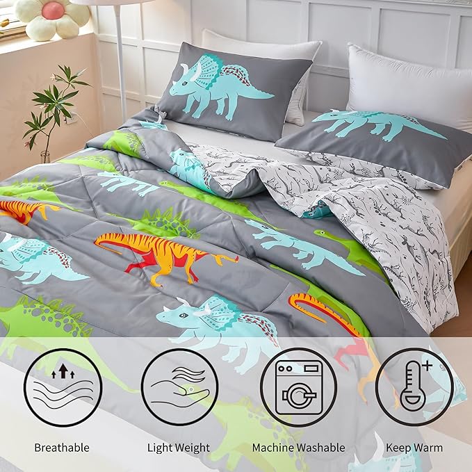 RYNGHIPY Dinosaur Kids Comforter Set Cartoon Dinosaur Bedding Sets for Boys 3 Pieces Full Microfiber Comforter with Pillowcases Soft Lightweight (Dark Grey,Full)