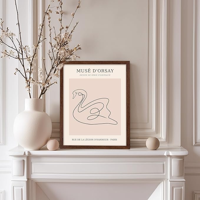 Poster Master Vintage Poster - Retro One Line Swan Drawing Print - Swan Art - Bird Art - Minimal Gift for Her, Animal Lover - Abstract Decor for Home, Office, Bedroom, 11x14 Brown Framed
