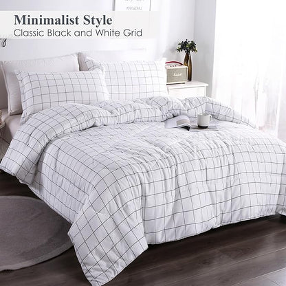 Andency White Grid Comforter Set King Size (104x90 Inch), 3 Pieces(1 Grid Comforter and 2 Pillowcases), Summer Lightweight Microfiber Down Alternative White Comforter with Black Lines