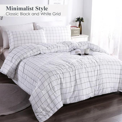 Andency White Grid Comforter Set Full Size (79x90 Inch), 3 Pieces(1 Grid Comforter and 2 Pillowcases), Summer Lightweight Microfiber Down Alternative White Comforter with Black Lines