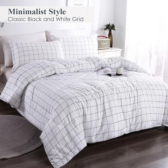 Andency White Grid Comforter Set Queen Size (90x90 Inch), 3 Pieces(1 Grid Comforter and 2 Pillowcases), Summer Lightweight Microfiber Down Alternative White Comforter with Black Lines