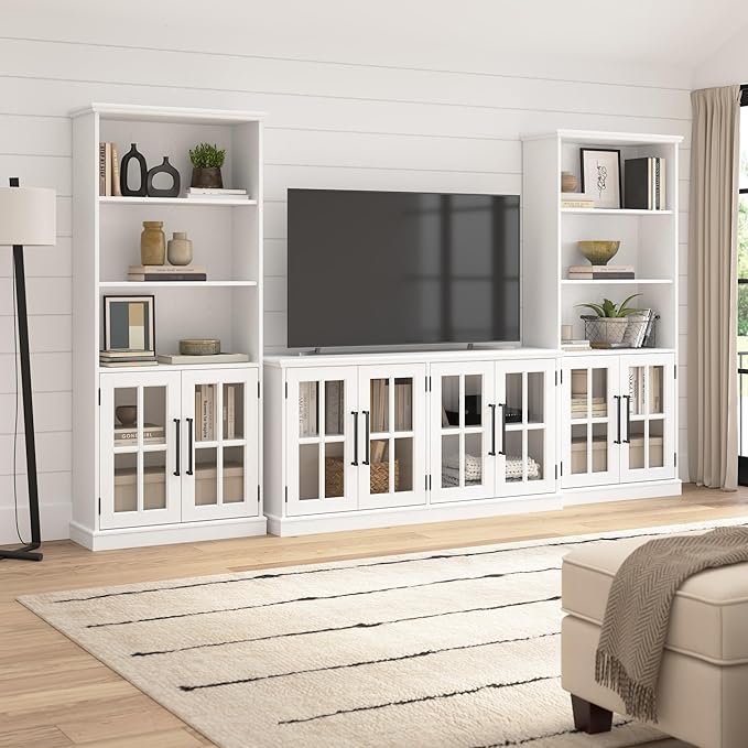 Bush Furniture Westbrook Tall 5 Shelf Bookcase with Glass Doors in White Ash | Farmhouse Bookshelf Cabinet for Living Room and Home Office