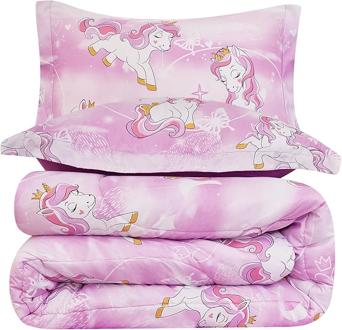 Unicorn Kids Comforter Set for Girls Twin, Cute Reversible Quilted Lavender Printed Bedding Set with Pillow Sham, Lightweight Soft Breathable Machine Washable Bed Set 2 Piece