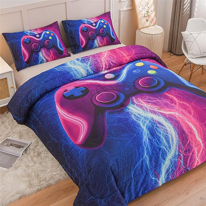 Meeting Story Gamer Gaming Bedding Sets Red Blue Lightnings Gamepad Comforter Set for Boys Games Console Action Buttons Novelty Colorful Modern Room Decor Home Quilt Set (Blue-Purple, Twin)