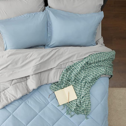 Bedsure Sky Blue Queen Comforter Set - 7 Pieces Reversible Queen Bed in a Bag Queen Bed Set with Comforters, Sheets, Pillowcases & Shams, Queen Bedding Sets