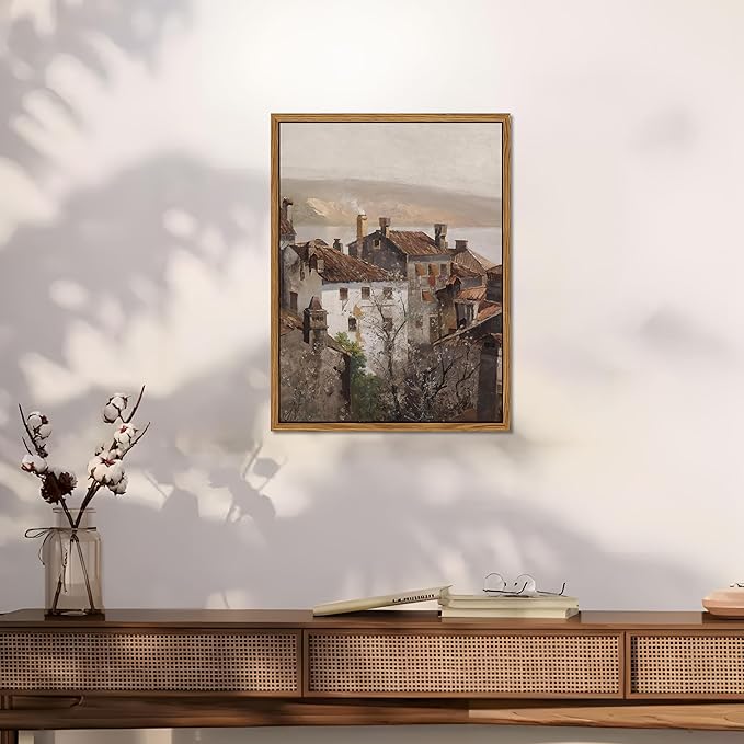 Floating Framed Vintage Canvas Wall Art, European Country Towns Wall Decor Oil Paintings Artwork, Rustic Farmhouse Posters Prints Pictures for Living Room Hallway Bedroom 16x24 inch