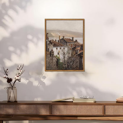 Floating Framed Vintage Canvas Wall Art, European Country Towns Wall Decor Oil Paintings Artwork, Rustic Farmhouse Posters Prints Pictures for Living Room Hallway Bedroom 16x24 inch