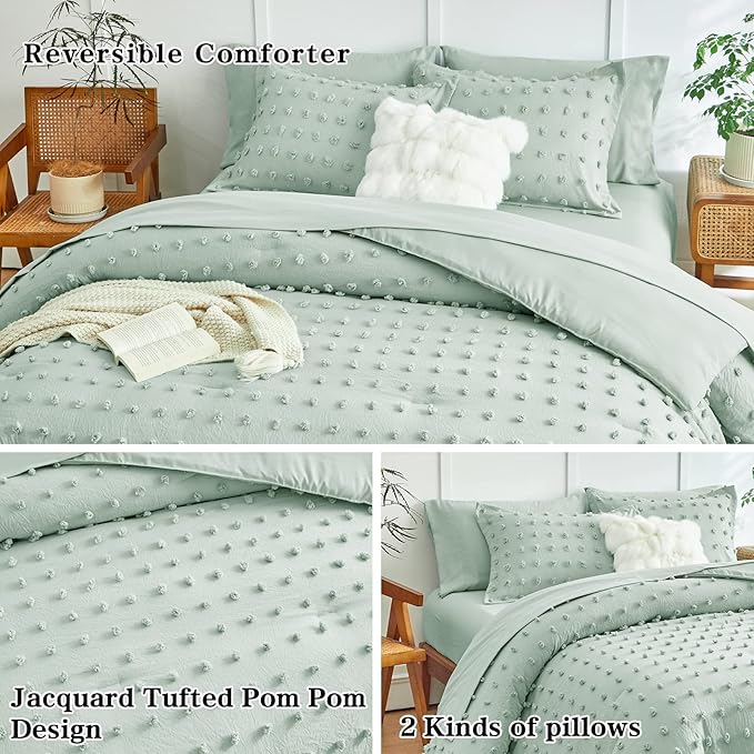 7 Pieces Tufted Dots Bed in a Bag King Comforter Set with Sheets Green , Soft and Embroidery Shabby Chic Boho Comforters, Solid Color with Pom Pom Design, Jacquard Tufts Bedding Set for All Season