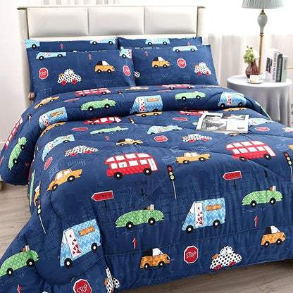 MAG 3Pcs Cartoon Car Comforter Set, Blue Cute Base Full Bedding Comforter Set,for Toddlers Kids,Boys Teens and Girls,Super Soft Microfiber, Full Size