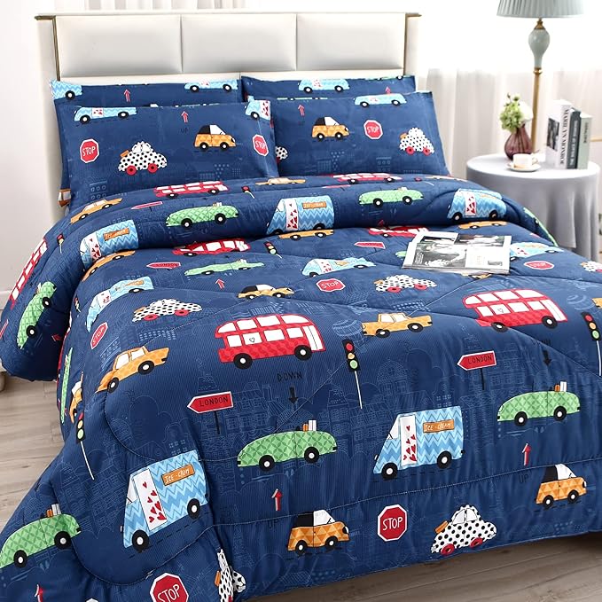 MAG 3Pcs Cartoon Car Bedding Comforter Set, Blue Cute Base Full/Queen Comforter Set,for Toddlers Kids,Boys Teens and Girls,Super Soft Microfiber, Full/Queen Size