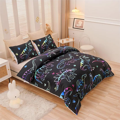 Meeting Story Dinosaur Comforter Set, Fluorescence Dinosaur Colorful Pattern Style Twin Comforter Set, 3 PCS 1 Comforter and 2 Pillowcases in One Bag, All Season Bedspread for Kids Teens Adults（Twin）
