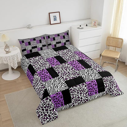 Erosebridal Girls Leopard Full Size Bedding Set Patchwork Black Purple Cheetah Print Comforter Set Women Black White Zebra Comforter Kids Wildlife Animal Bedding Quilt Soft Lightweight 2 Pillowcases