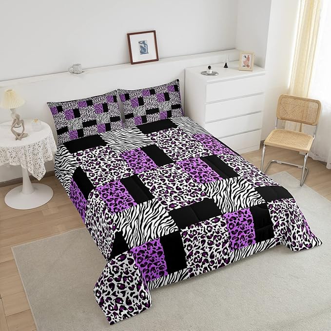Erosebridal Twin Size Cheetah Bedding Sets for Girls,Patchwork Zebra Leopard Black Purple Comforter Set for Kids Women,Black White Stripes Checkered Quilt Comforter Wild Animal Bedroom Decor 2 Pcs