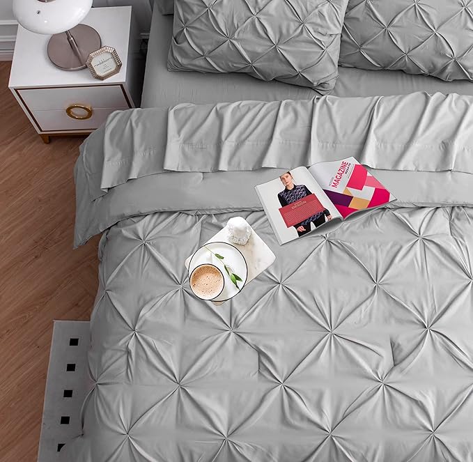 LANE LINEN Twin XL Comforter Set, 5 Piece Twin XL Bedding Set, Pintuck Twin XL Bed in a Bag, Twin XL Bed Set, Twin XL Bed Comforter Set with Sheets, Pillowcase & Sham, Bedding Comforter Sets - Silver