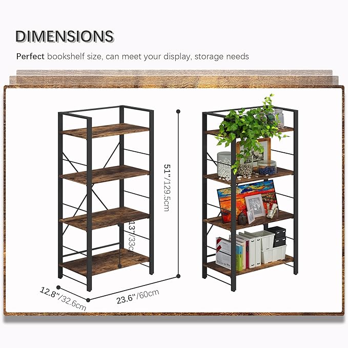 4NM Bookshelf 4 Tier Industrial Bookcase Home Office Adjustable Bookshelves Storage Shelves Organizer Vintage Book Shelf Display Rack for Living Room, Bedroom,Home - Rustic Brown
