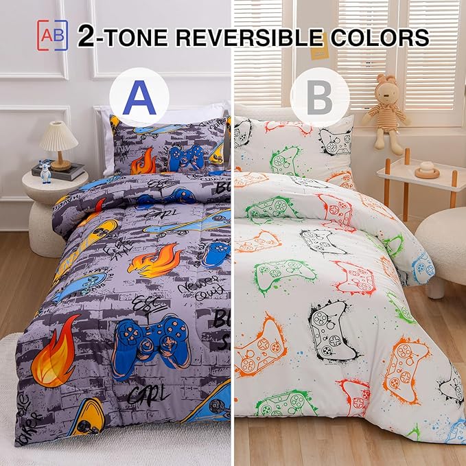 Btargot Gaming Stone Pattern Comforter Set for Boys Girls Kids, 3 Pieces Reversible Skateboard Game Console Flame Painting Bedding Set, Grey Full