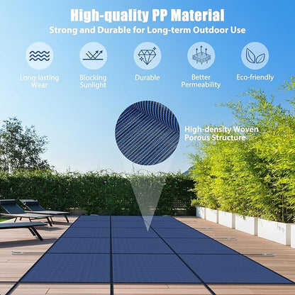 Inground Pool Cover Safety Fits Rectangle Swimming Pool, Mesh Solid Pool Cover for Inground Pools,Winter Pool Safety Cover Includes Safety Net and Installation Tools Blue (Blue, Fits 16x32ft Pools)