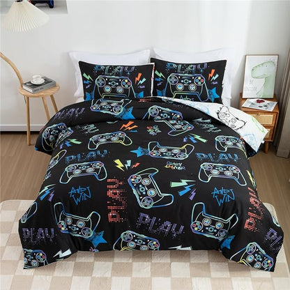 Meeting Story Gamer Gaming Bedding Sets Fluorescence Gamepad Comforter Set for Boys Games Console Action Buttons Novelty Colorful Modern Room Decor Home Quilt Set (Black, Twin)