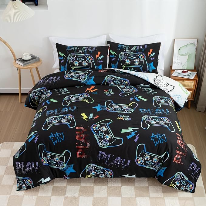 Meeting Story Gamer Gaming Bedding Sets Fluorescence Gamepad Comforter Set for Boys Games Console Action Buttons Novelty Colorful Modern Room Decor Home Quilt Set (Black, Queen)