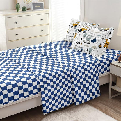 4-Pcs Construction Twin Size Boys Bedding Set, Kids Comforter Set for Teens w/Sheets and Pillowcase, Soft Cartoon Tractor Cars Bed in a Bag Sets