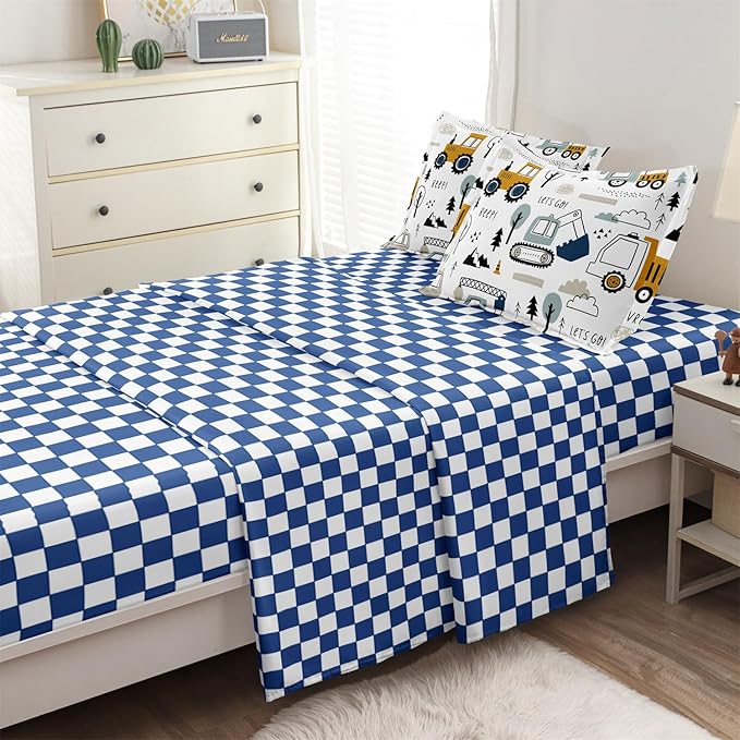 5-Pcs Construction Full Size Boys Bedding Set, Kids Comforter Set for Teens w/Sheets and Pillowcase, Soft Cartoon Tractor Cars Bed in a Bag Sets