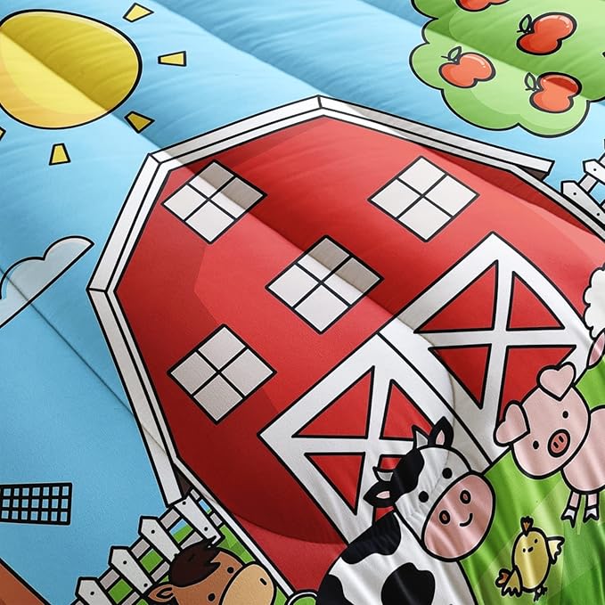 Farm Animals Comforter,Farmhouse Comforter Set for Kids Teens Girls Boys,Cartoon Animals 3Pcs Bedding Set Printed Comforter with 2 Pillowcases,Down Alternative,Soft and Lightweight，King Size