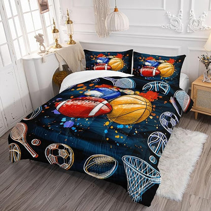 Axolotl Ball Game Bedding Set Queen,Basketball Comforter Set Sports Bedding,Volleyball Comforter Set Soccer Bedding,Football Comforter Colorful Grunge Style for Kids Boys Teens,1 Quilt 2 Pillowcases