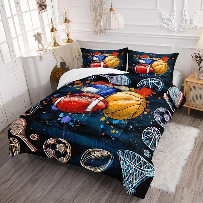 Axolotl Ball Game Bedding Set Full,Basketball Comforter Set Sports Bedding,Volleyball Comforter Set Soccer Bedding,Football Comforter Colorful Grunge Style for Kids Boys Teens,1 Quilt 2 Pillowcases