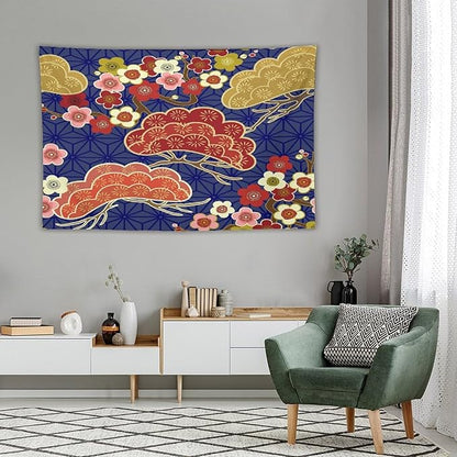 HZOHNAGO Japanese Tapestry Art Abstract Colorful Cherry Blossom Blue Background Pattern Printed Wall Tapestry Painting Wall Hanging for Bedroom Living Room Dorm 90" W x 60" H