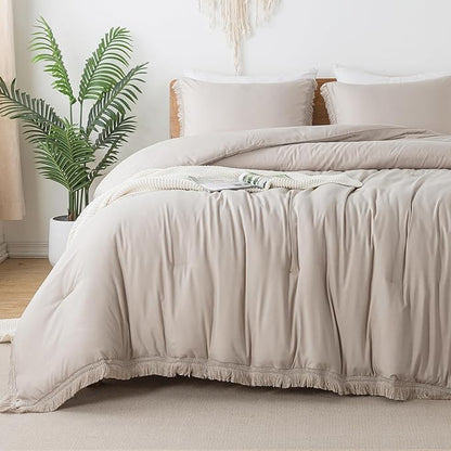 Andency Oatmeal Comforter Set Twin Size, 2 Pieces Boho Tassel Lightweight Bedding Comforter Sets, All Season Soft Fluffy Fringe Bed Set (66x90In Comforter & 1 Pillowcase)