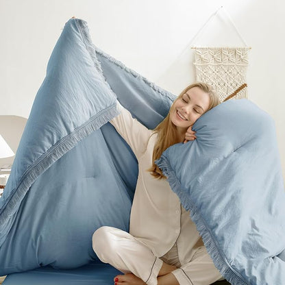 Andency Grayish Blue Comforter Set California King, 3 Pieces Boho Tassel Lightweight Bedding Comforter Sets, All Season Soft Fluffy Fringe Bed Set (104x96In Comforter & 2 Pillowcases)
